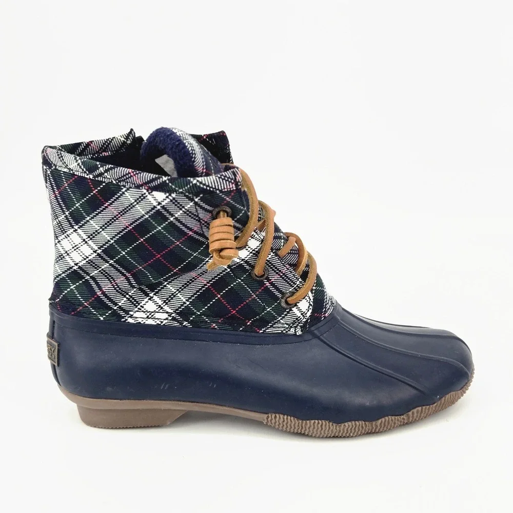 Sperry Top-Sider Saltwater Women Duck Boots Navy Plaid Winter Rain 5.5 Youth 4Y